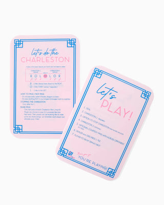 Two pink cards with blue text on a white background
