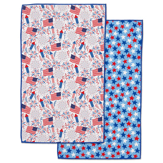 Two kitchen towels with patriotic designs on a white background
