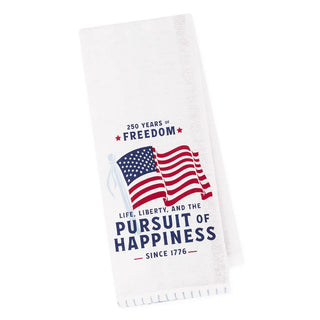 White towel with American flags and text on a white background