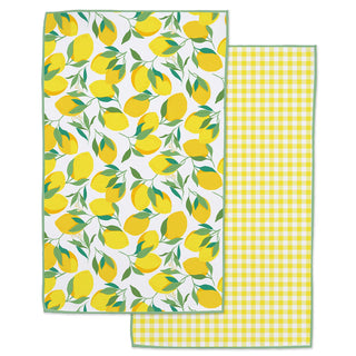 Two kitchen towels, one with lemon pattern and one with yellow checkered pattern, on a white background.
