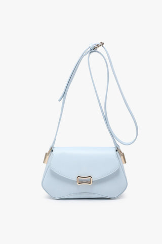 Light blue handbag with a strap on a white background