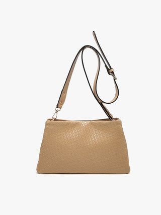 Beige straw handbag with a strap on a white background