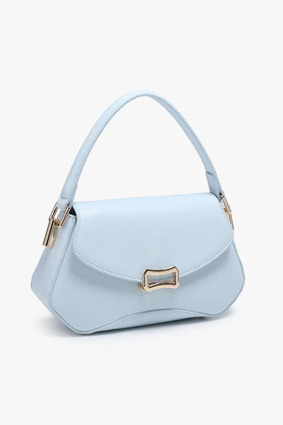 Light blue handbag with a gold clasp on a white background