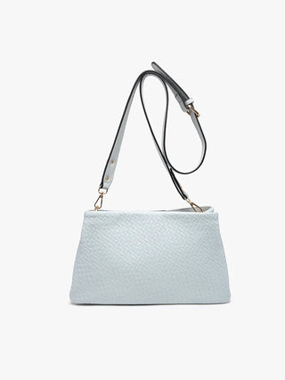 Light blue handbag with a strap on a white background