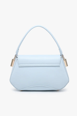Light blue handbag with a strap on a white background