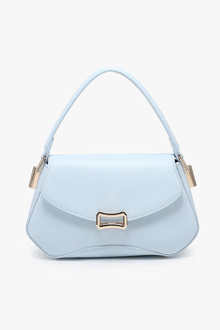 Light blue handbag with a gold clasp on a white background