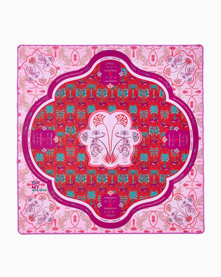Decorative pink and red patterned box with a floral design on a white background
