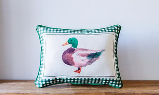 Gingham green pillow featuring mallard duck