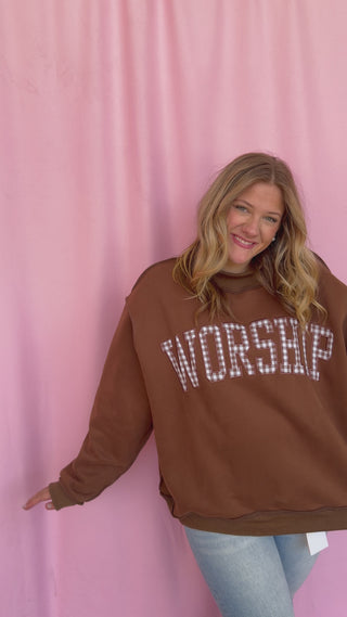 girl wearing a worship mockneck