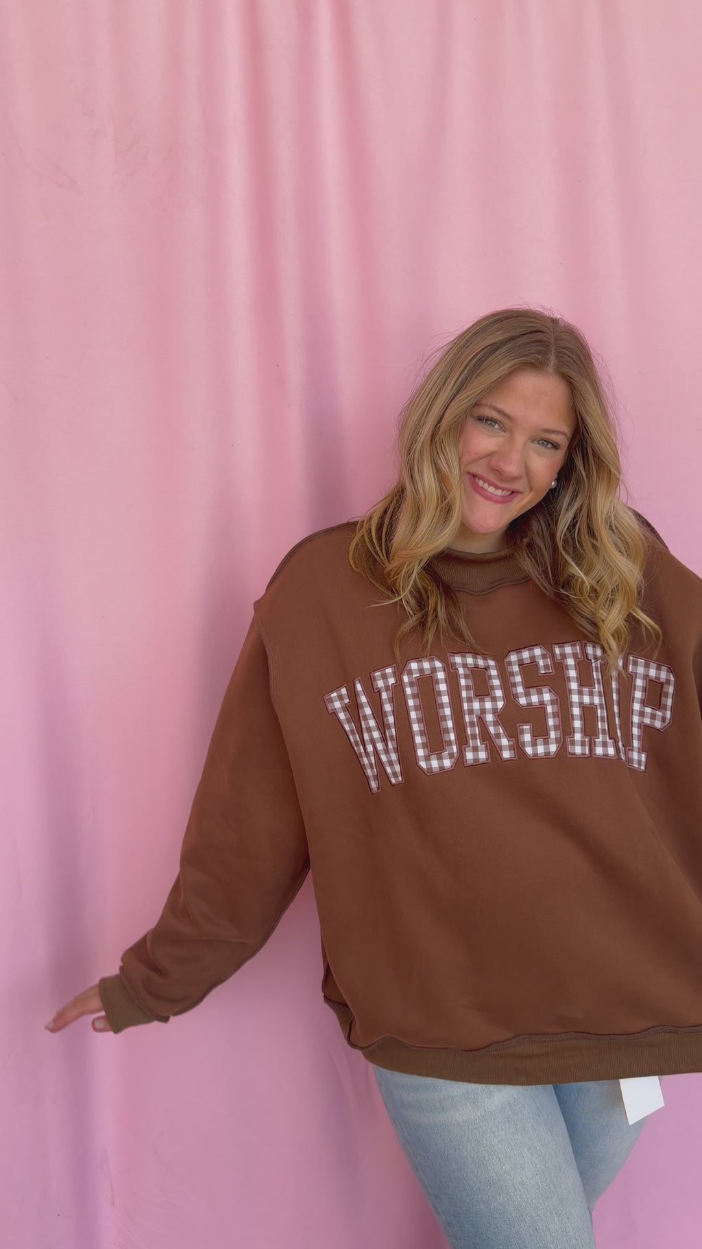 girl wearing a worship mockneck