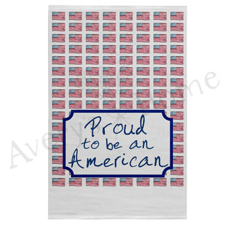 Card with American flags and 'Proud to be an American' text on a white background