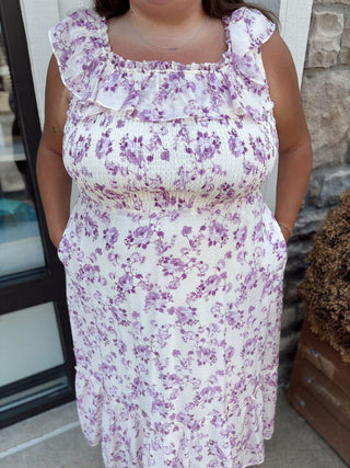 purple and white maxi dress with ruffle sleeves