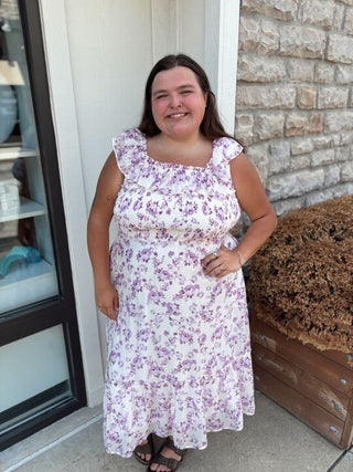 purple and white maxi dress with ruffle sleeves