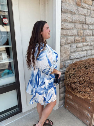 blue and white smocked mini dress
