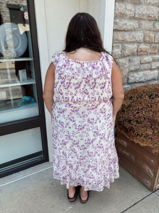 purple and white maxi dress with ruffle sleeves