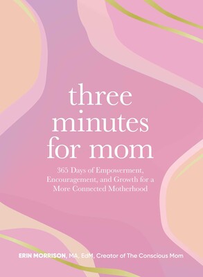 Book cover of 'three minutes for mom' with abstract shapes on a pink background