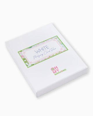 White mahjong card folio packaging with branding on a white background