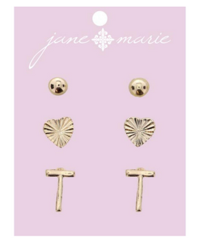 3 Set Gold Initial Earring T