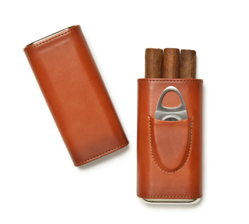 Double Corona-sized extra-long leather 3 cigar case