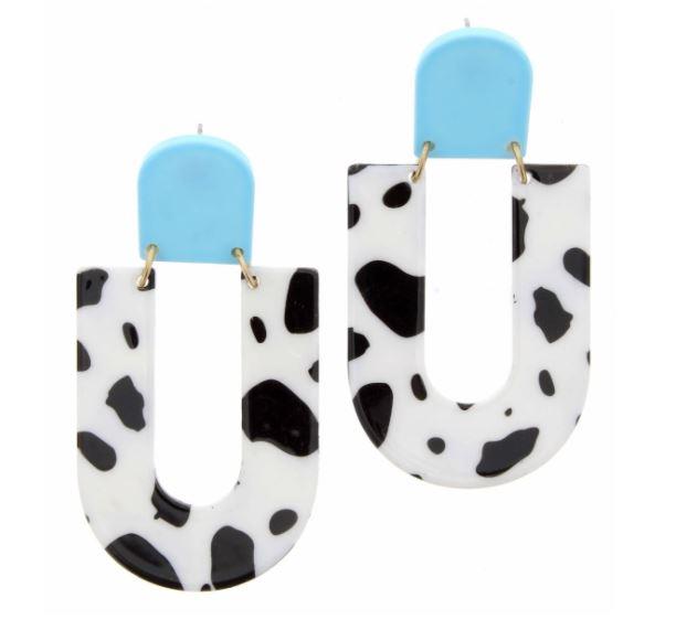 Baby Blue W/Cow Print U shape Earrings