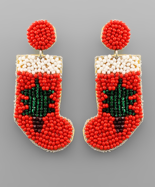 Bead Xmas Stocking Earring Red