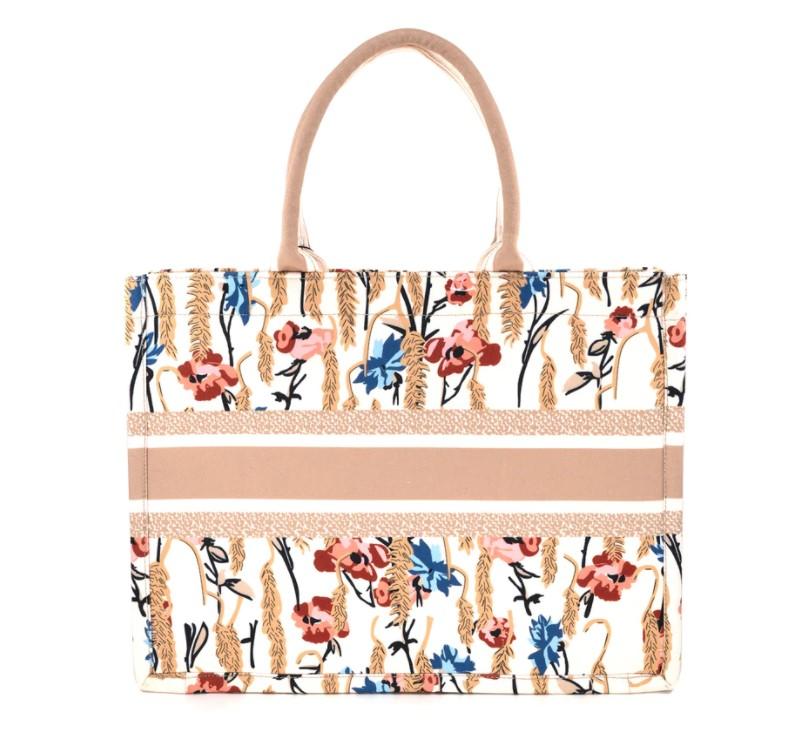 Beige Canvas Floral Tote