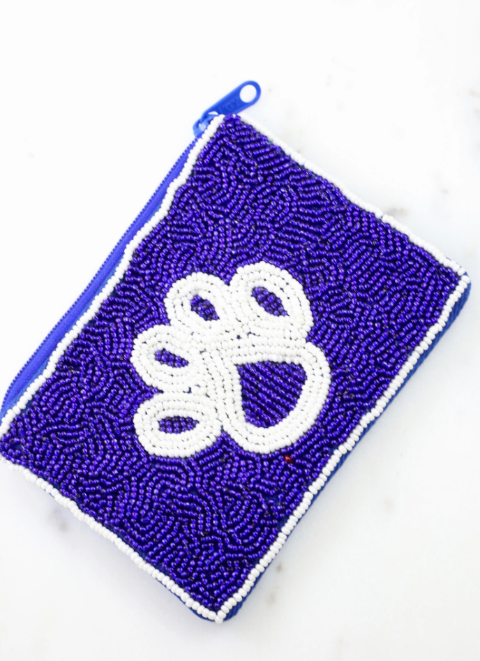 Blue Paw Beaded Coin Pouch
