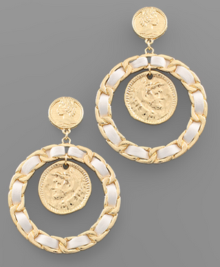 White Leather Coin Earring