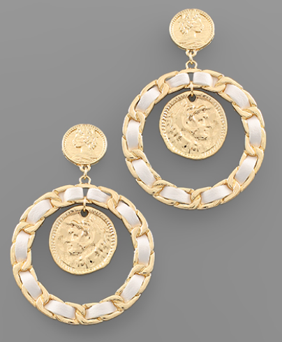 White Leather Coin Earring