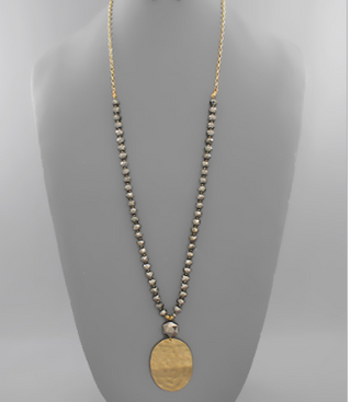 Hammered Oval Bead Necklace Hematite