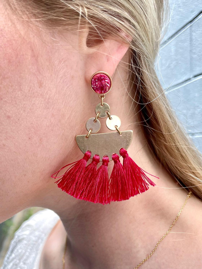 Hot Pink Round Druzy Tassel Earring