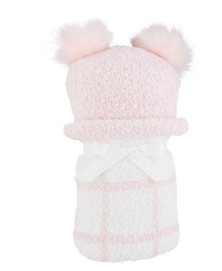 Pink Chenille Hat Blanket Set