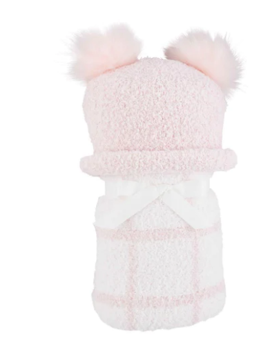 Pink Chenille Hat Blanket Set