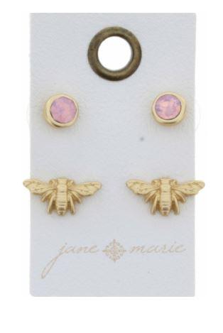Pink Circle. Gold Bee Stud Earring Set