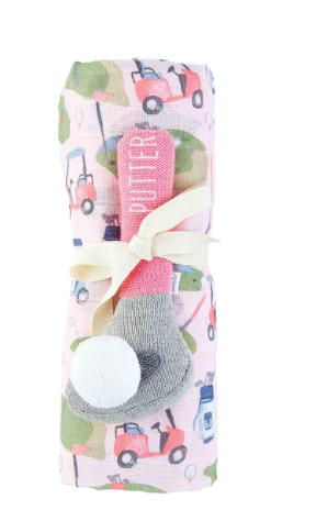 Pink Golf Swaddle & Rattle Set