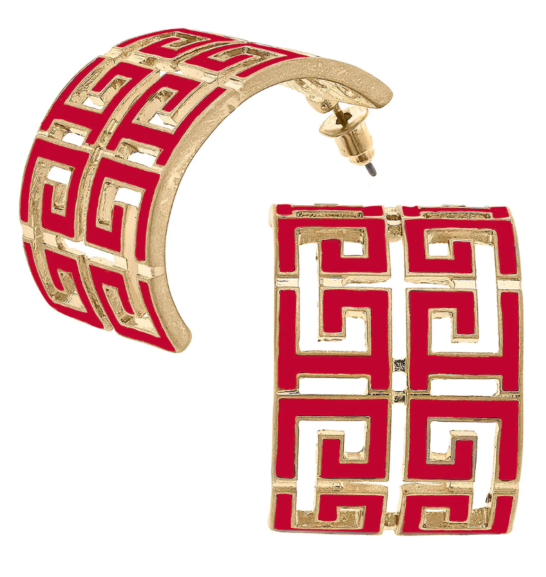 Red Greek Key Earring
