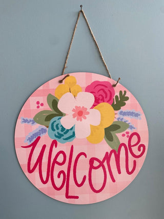 Welcome Pink Plaid Door Hanger