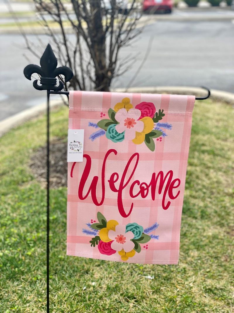 Welcome Pink Plaid Garden Flag