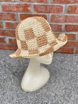 Woven Checkered Bucket Hat Tan
