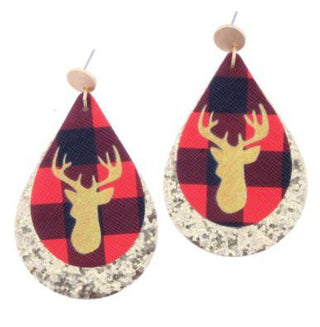 X-mas Deer Buffalo Plaid Teardrop Earrings