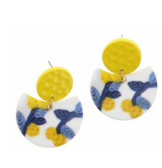 Yellow Disk with Lemon Print Earrings