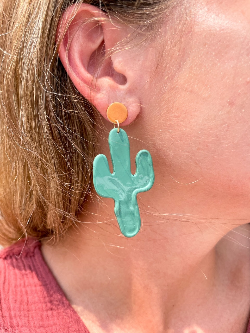 Sunset Orange Disk W/ Green Cactus Earrings