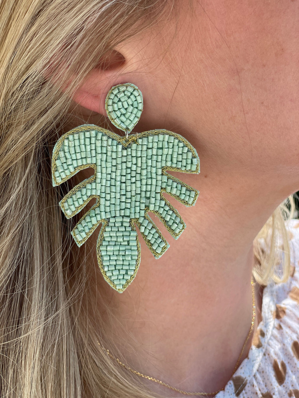 Mint Metallic Bead Leaf Earring